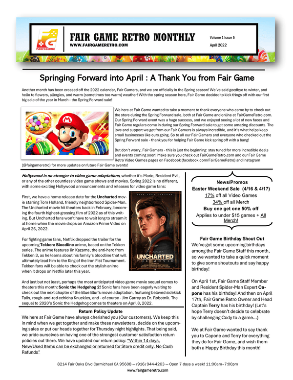 Fair Game Retro Monthly - April 2022 Fair Game Video Games