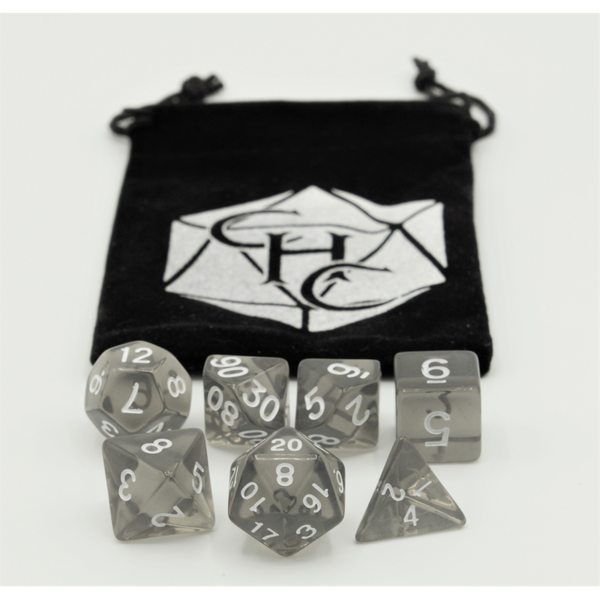 Black Set of 7 Transparent Polyhedral Dice with White Numbers