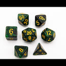 Black/Green Set of 7 Galaxy Polyhedral Dice with Gold Numbers