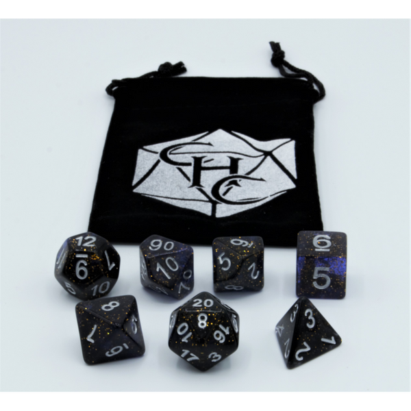 Blue Set of 7 Dark Nebula Polyhedral Dice with Silver Numbers