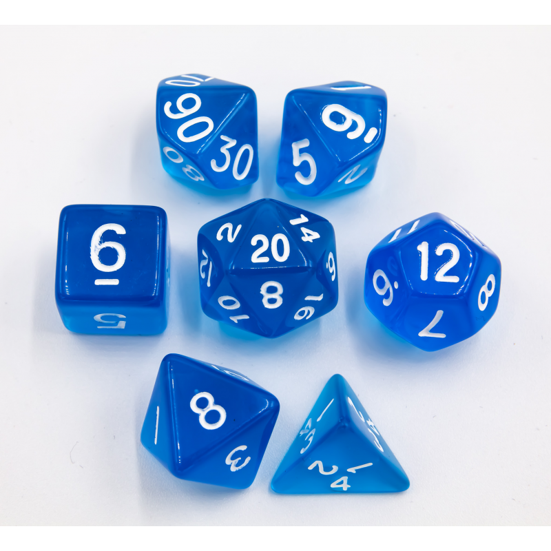Blue Set of 7 Transparent Polyhedral Dice with White Numbers
