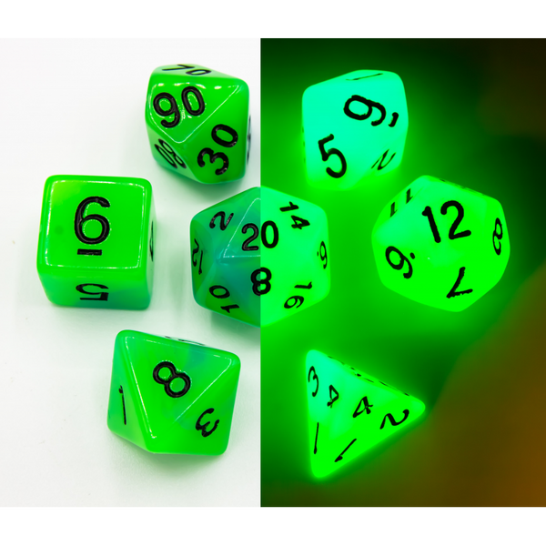 Blue/Green Set of 7 Fusion Glow In Dark Polyhedral Dice with Black Numbers