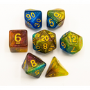 Blue/Purple/Yellow Set of 7 Galaxy Polyhedral Dice with Gold Numbers