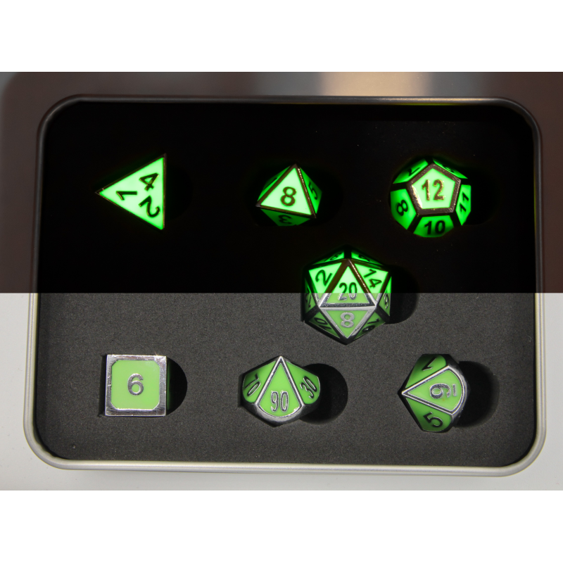 GLOW GREEN Shadow Set of 7 Metal Polyhedral Dice with Silver Numbers