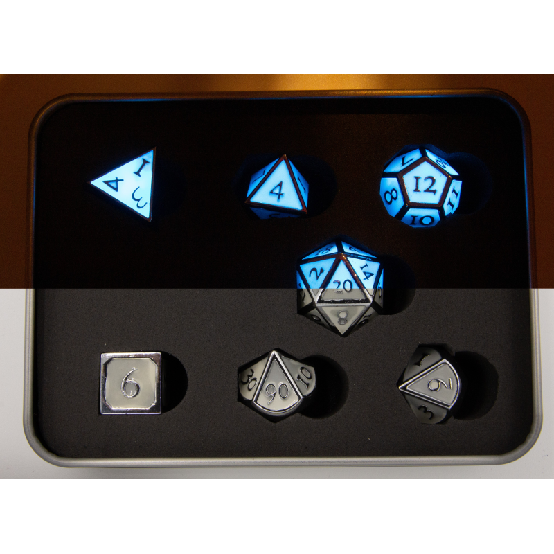 Glow Blue Set of 7 Metal Polyhedral Dice with Silver Numbers