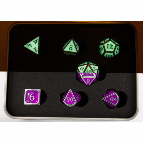 Glow Purple Set of 7 Metal Polyhedral Dice with Silver Numbers