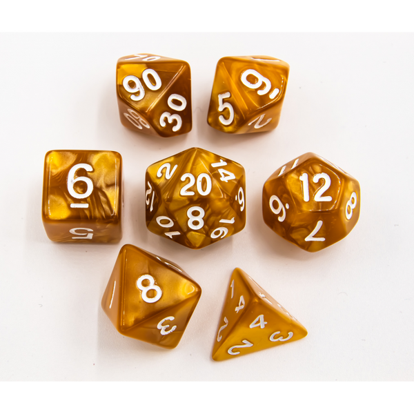 Gold Set of 7 Marbled Polyhedral Dice with White Numbers for D20 based RPG's