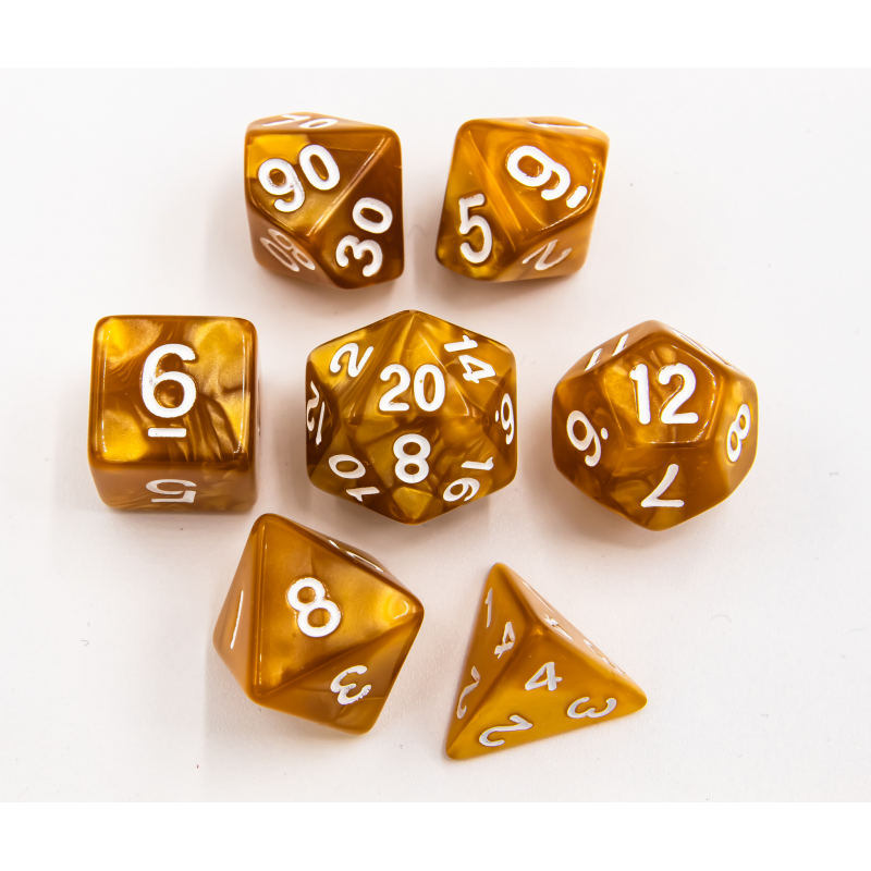 Gold Set of 7 Marbled Polyhedral Dice with White Numbers for D20 based RPG's