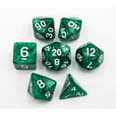 Green Set of 7 Marbled Polyhedral Dice with White Numbers