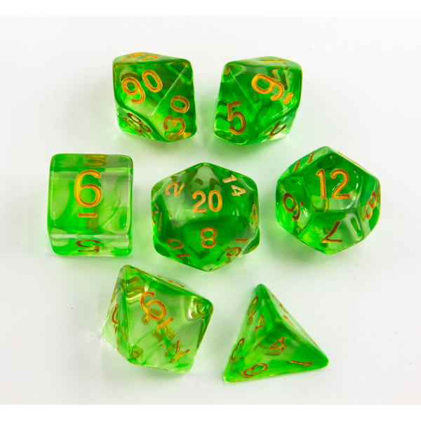Green Set of 7 Nebula Polyhedral Dice with Gold Numbers