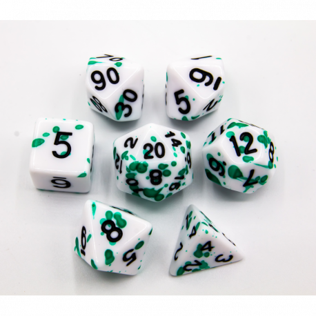 Green Set of 7 Speckled Polyhedral Dice with Black Numbers