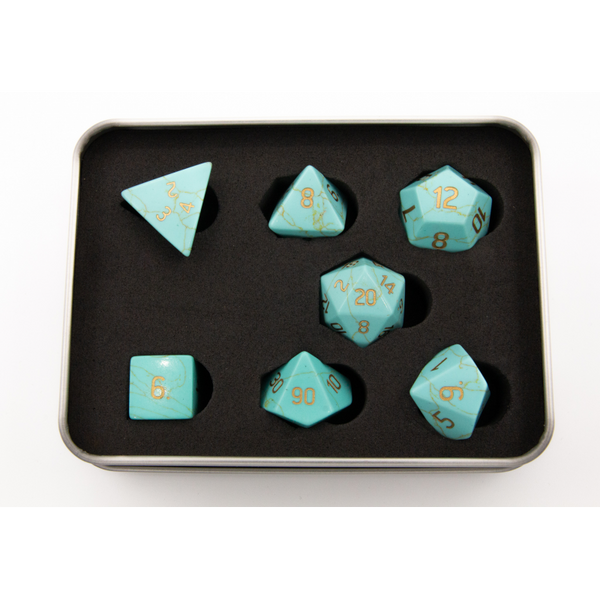 Green Turquoise Set of 7 Gemstone Polyhedral Dice with Gold Numbers