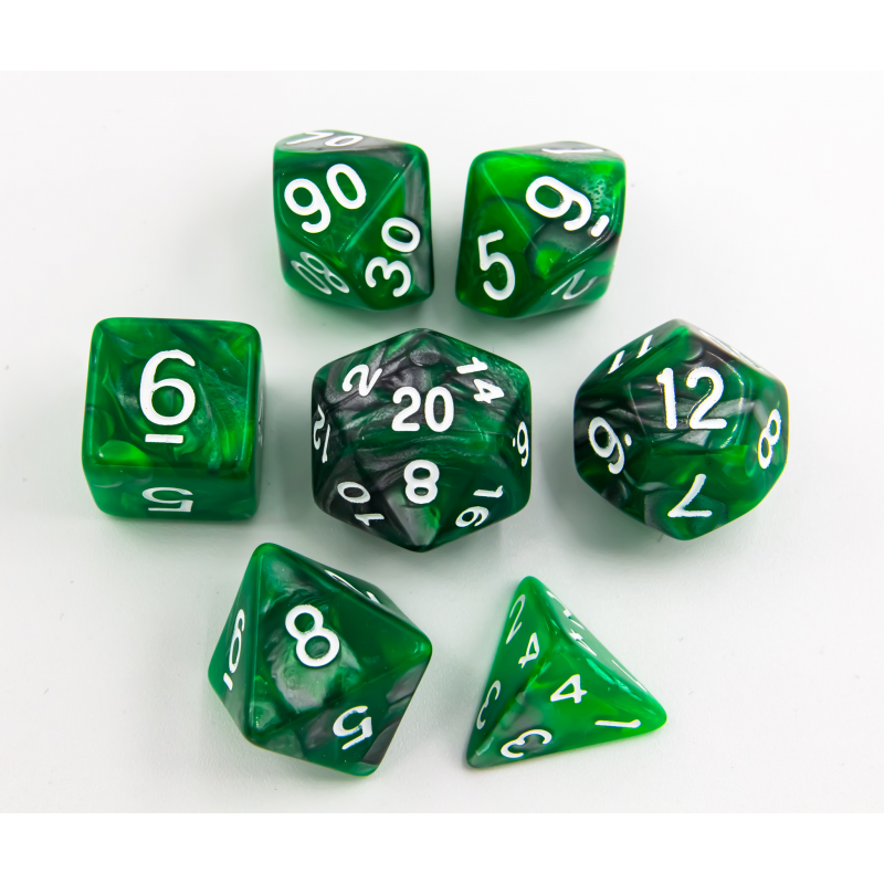 Green/Steel Set of 7 Steel Polyhedral Dice with White Numbers