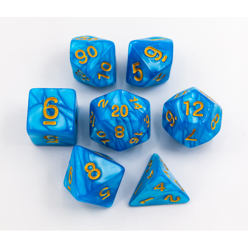 Light Blue Set of 7 Marbled Polyhedral Dice with Yellow Numbers