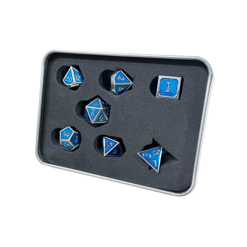 Light Blue Shadow Set of 7 Metal Polyhedral Dice with Silver Numbers