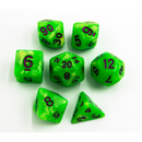 Neon Green Set of 7 Marbled Polyhedral Dice with Purple Numbers for D20 based RPG's