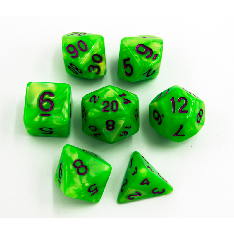 Neon Green Set of 7 Marbled Polyhedral Dice with Purple Numbers for D20 based RPG's