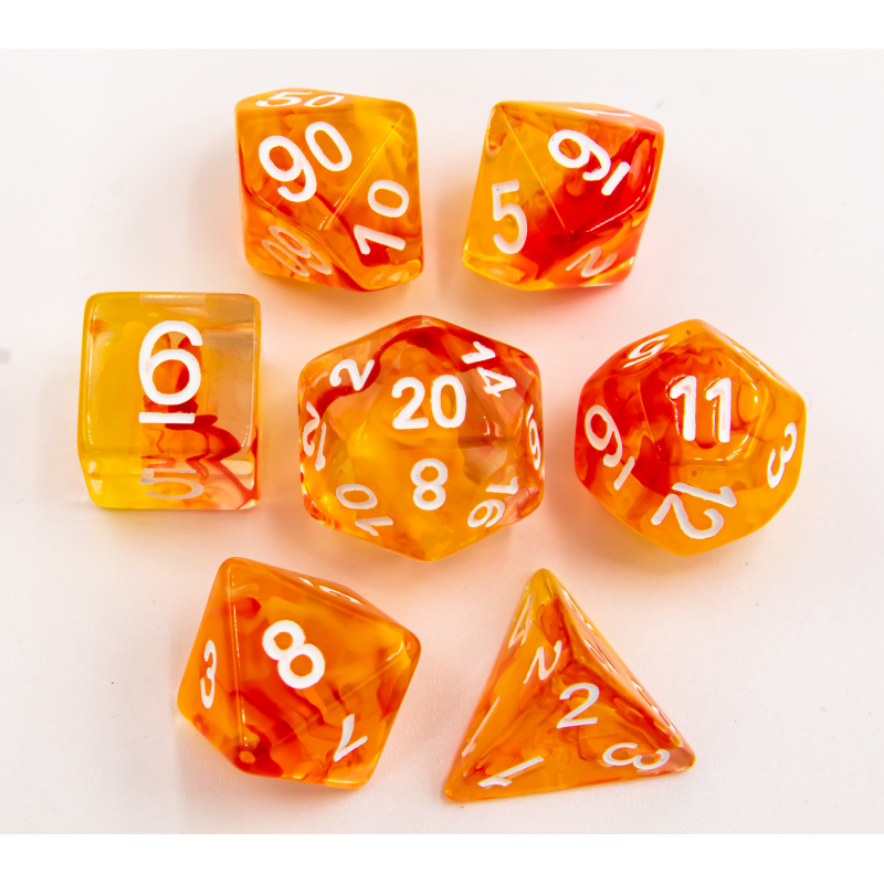 Orange Set of 7 Nebula Polyhedral Dice with Gold Numbers