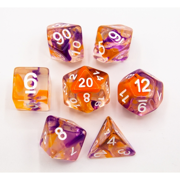 Orange/Purple Set of 7 Swirl Polyhedral Dice with White Numbers