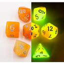 Orange/White Set of 7 Fusion Glow In Dark Polyhedral Dice with Gold Numbers