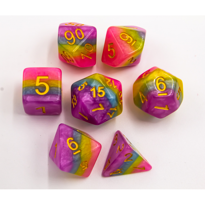 Pastel Set of 7 Multi-layer Polyhedral Dice with Gold Numbers