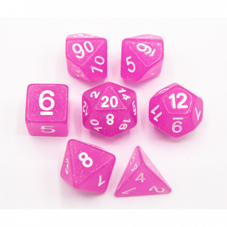 Pink Set of 7 Jelly Polyhedral Dice with White Numbers