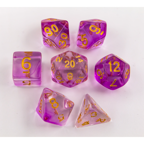 Purple Set of 7 Nebula Polyhedral Dice with Gold Numbers