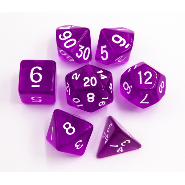 Purple Set of 7 Transparent Polyhedral Dice with White Numbers