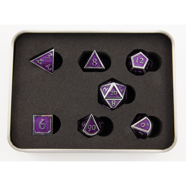 Purple Shadow Set of 7 Metal Polyhedral Dice with Silver Numbers