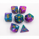 Purple/Teal Set of 7 Sparkly Fusion Polyhedral Dice with Gold Numbers