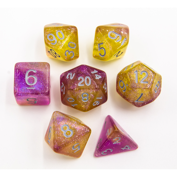 Purple/Yellow Set of 7 Shimmering Galaxy Polyhedral Dice with White Numbers