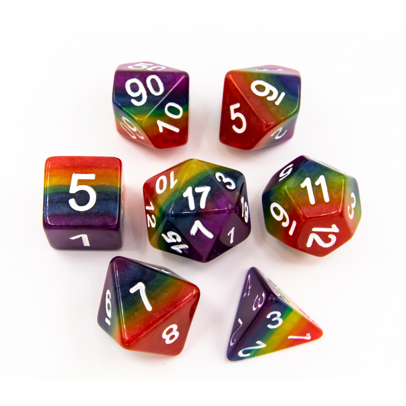 Rainbow Set of 7 Multi-layer Polyhedral Dice with White Numbers