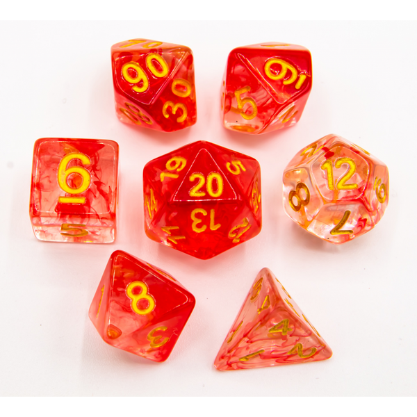 Red Set of 7 Nebula Polyhedral Dice with Gold Numbers