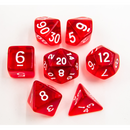 Red Set of 7 Transparent Polyhedral Dice with White Numbers