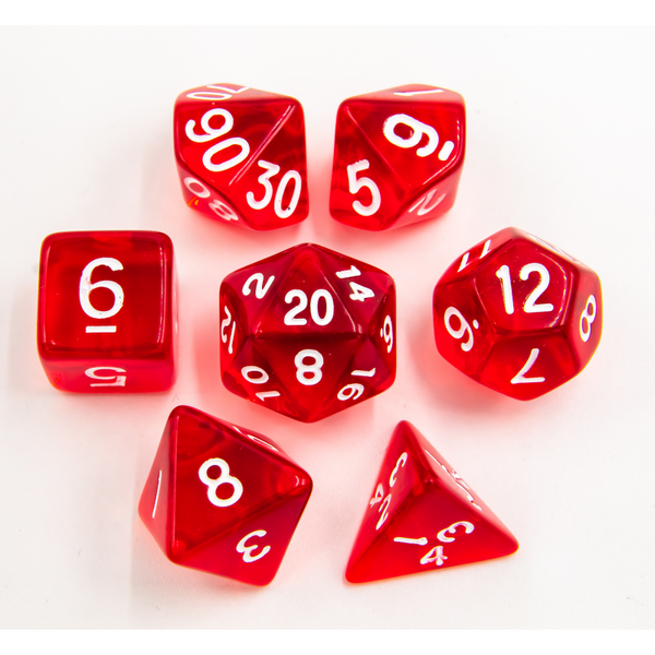 Red Set of 7 Transparent Polyhedral Dice with White Numbers