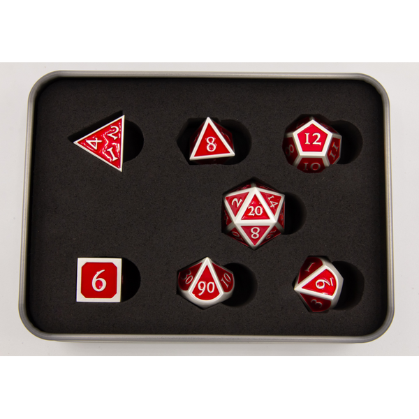 Red Shadow Set of 7 Metal Polyhedral Dice with Silver Numbers
