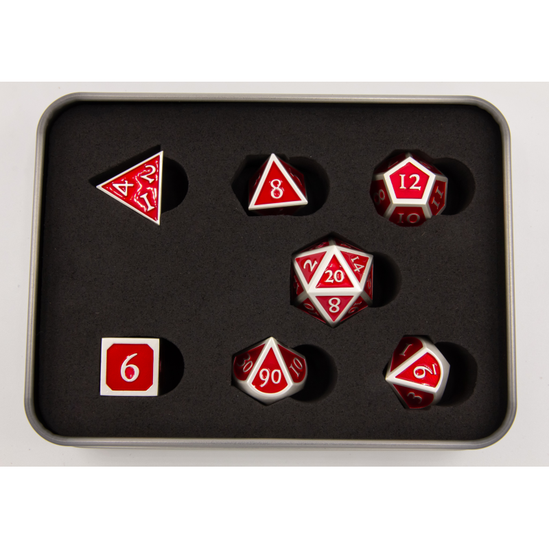 Red Shadow Set of 7 Metal Polyhedral Dice with Silver Numbers