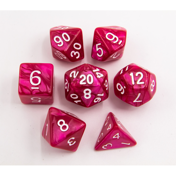 Rose Red Set of 7 Marbled Polyhedral Dice with White Numbers