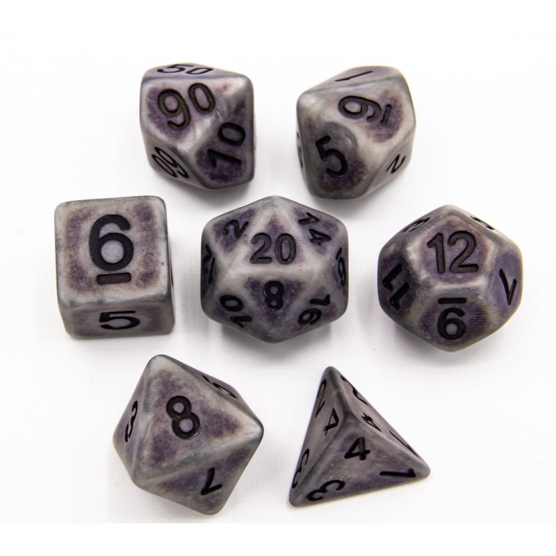Silver Set of 7 Ancient Polyhedral Dice with Black Numbers for D20 based RPG's