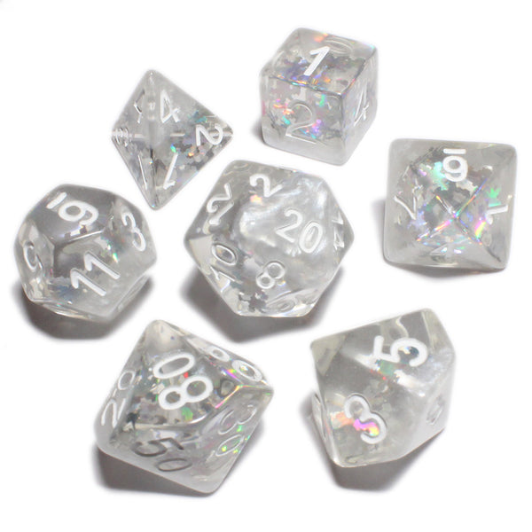 Snowflake White Set of 7 Filled Polyhedral Dice with White Numbers