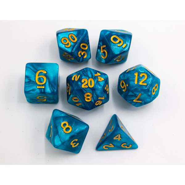Teal Set of 7 Marbled Polyhedral Dice with Gold Numbers