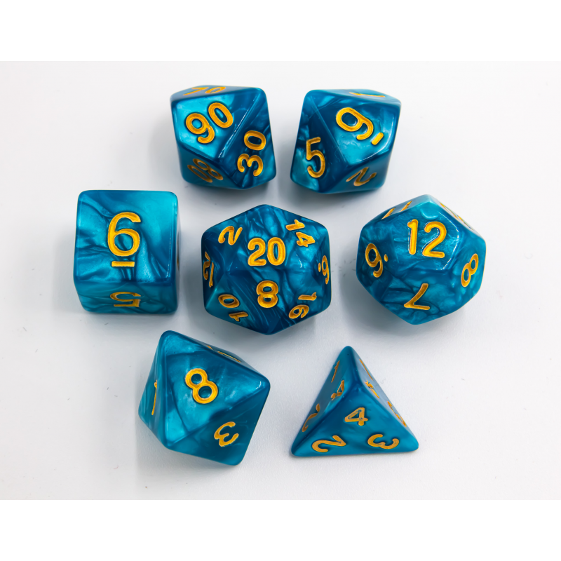 Teal Set of 7 Marbled Polyhedral Dice with Gold Numbers