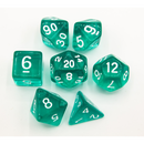 Teal Set of 7 Transparent Polyhedral Dice with White Numbers