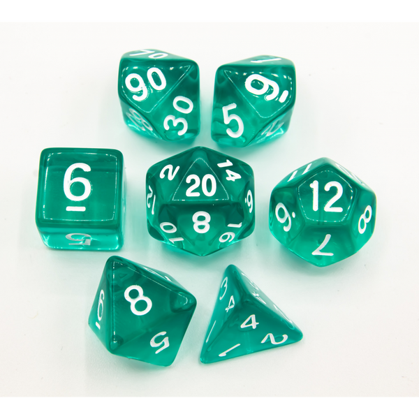 Teal Set of 7 Transparent Polyhedral Dice with White Numbers