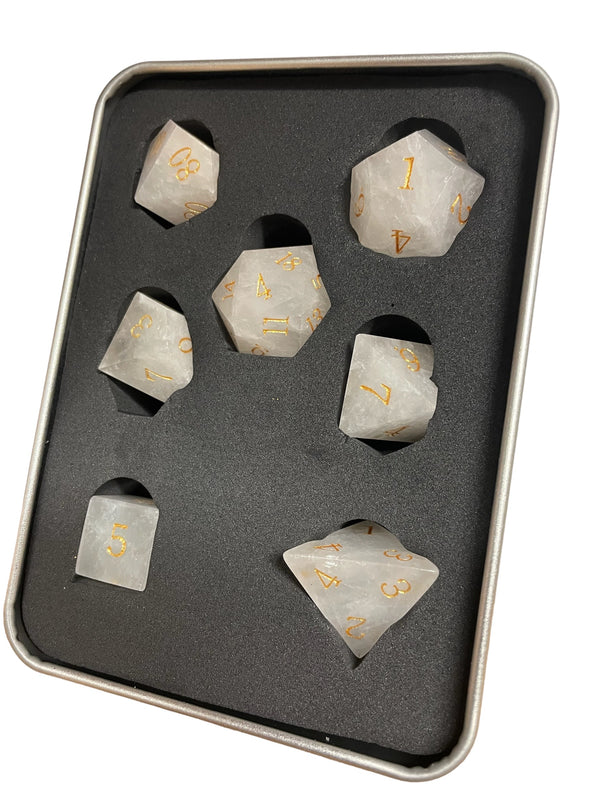White Quartz Set of 7 Gemstone Polyhedral Dice with Gold Numbers
