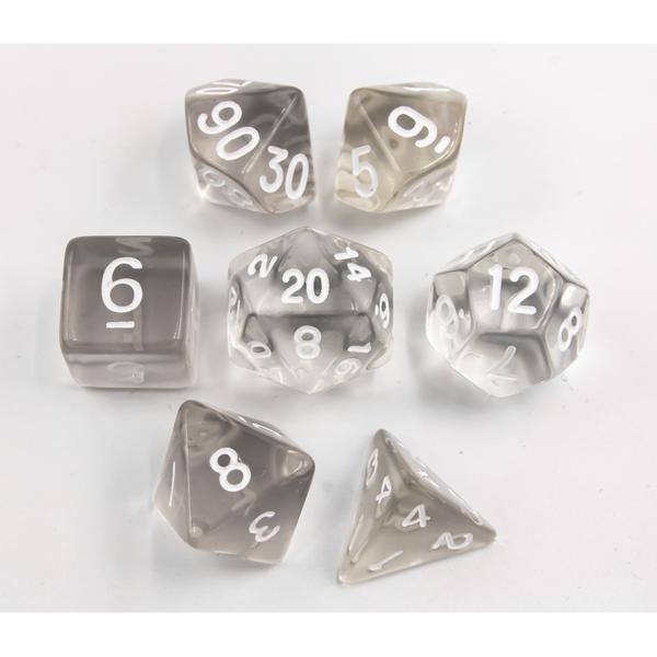 White Set of 7 Transparent Polyhedral Dice with White Numbers
