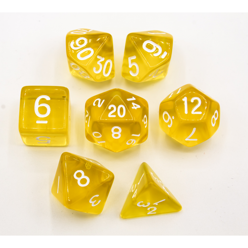 Yellow Set of 7 Transparent Polyhedral Dice with White Numbers