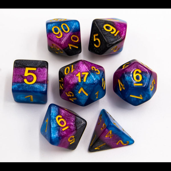 Black/Blue/Purple Set of 7 Multi-layer Polyhedral Dice with Gold Numbers  Fair Game Video Games