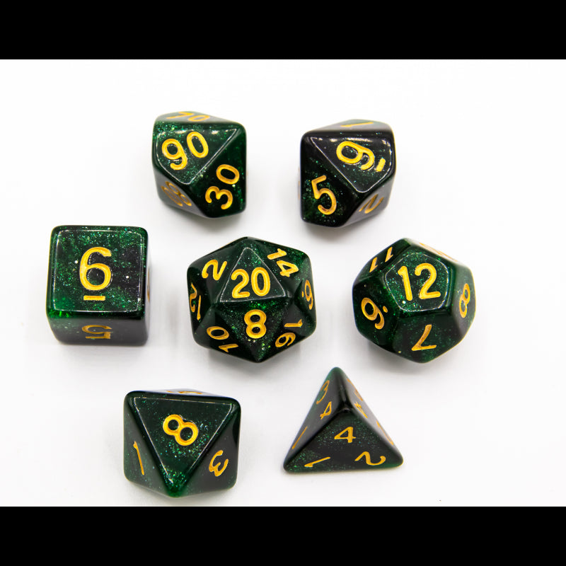 Black/Green Set of 7 Galaxy Polyhedral Dice with Gold Numbers  Fair Game Video Games
