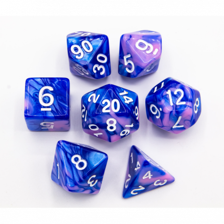 Blue/Pink Set of 7 Fusion Polyhedral Dice with White Numbers  Fair Game Video Games